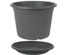 MePla Set 2-TLG. aus Blumentopf Pflanzkübel Cilindro rund Durchmesser 30 cm und Untersetzer rund ø29 cm, Anthrazit, wetterfest aus UV-beständigem Kunststoff