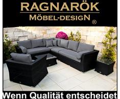 PolyRattan Lounge DEUTSCHE Marke - EIGNENE Produktion - 8 Jahre GARANTIE auf UV Besträndigkeit - Garten Möbel Glas und Polster Ragnarök-Möbeldesigntur SCHWARZ Gartenmöbel Aluminium Rostfrei