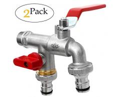 SHYNE Premium 1/2 Zoll Doppel-Wasserhahn aus Messing rost-, und frostsicher + 2X Gratis Schlauchanschlüsse + Ebook | für Garten, Waschmaschine, Regentonne (2er Pack)