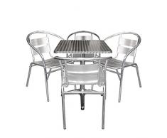 Multistore 2002 5tlg. Aluminium Bistromöbel-Set Bistrotisch, Aluminium, Tischplatte in Schleifoptik, 60x60cm, Niveauausgleich + 4X Alu Stapelstuhl, Bistrostuhl