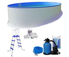 Rundpool-Set KOMFORT Ø5,00 x 1,20m rund - 0,6mm Stahlmantel + 0,6mm Innenhülle (blau) mit Einhängebiese - inkl. Einstiegsleiter, Schlauch-Set, hochwertige 6,0m³/h Sandfilteranlage, 25 kg Sand, Skimmer-SET, etc.