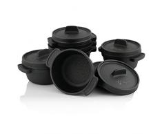 BBQ-Toro Mini Dutch Oven Set (6 Stück) I Ø 11 cm I bereits eingebrannt - preseasoned I Gusseisen Serviertöpfe I Kochtopf Kleiner Bräter Gusstopf