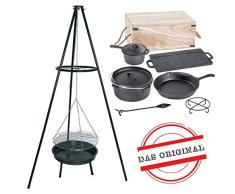 ACTIVA Schwenkgrill Grill Dutch Oven Set, Dreibein, Holzkiste, Topf, Pfanne, Grillrost, Gusseisen, Gulaschkessel, Deckelheber und Untersetzer
