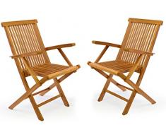 DIVERO 2er-Set Klappstuhl Teakstuhl Gartenstuhl Teak Holz Stuhl mit Armlehne für Terrasse Balkon Wintergarten witterungsbeständig behandelt massiv klappbar natur