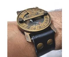 Maritime Steampunk Sonnenuhr Messing Kompass Armbanduhr Antik Navigation Leder Armband Schwarz