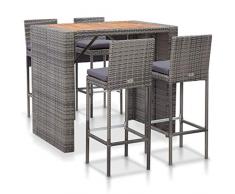 pedkit Gartenbar Set 5-TLG Grau. 1 Bartisch, 4 Barstühlen und 4 Sitzpolstern, Gartentheke Bartisch Stehtisch Barhocker Barstuhl Gartenmöbel, Poly Rattan und Akazienholz