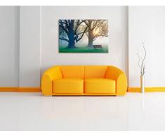 Baum und Bank im Nebel, Bild auf Leinwand, XXL riesige Bilder fertig gerahmt mit Keilrahmen, Kunstdruck auf Wandbild mit Rahmen, günstiger als Gemälde oder Ölbild, kein Poster oder Plakat, Format:100x70 cm