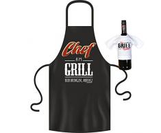 Schürze mit Grill Motiv - Chef am Grill - Bier bringen, abflug! - Im SET mit Mini T-Shirt - Kochschürze - Grillschürze