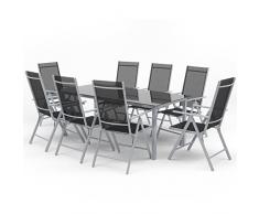 Oskar Alu Sitzgarnitur Gartenmöbel Set 9-teilig Garnitur Sitzgruppe 1 Tisch 190x87 + 8 Stühle (Silber/Schwarz)