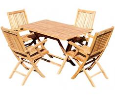 ASS Teak Set: Gartengarnitur Klapptisch 120x70cm + 4 Klappsessel mit Armlehne Holz Serie JAV-Aves