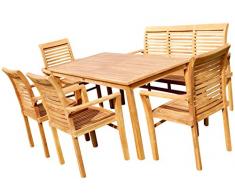 AS-S Teak Set Gartengarnitur Tisch 150x80 cm mit 1 Bank 150 cm für 3 Personen und 4 Sessel Holz Serie JAV-ALPEN