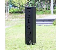 Pflanzsäule Welcome in Schwarz, Fackelsäule aus Metall, Dekosäule für Hauseingang und Vorgarten