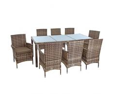 ESTEXO Polyrattan Sitzgruppe Gartenmöbel Set 8 Personen Rattanmöbel Gartenset Rattan Essgruppe Garten-Stühle Garten-Tisch Hocker Sessel mit Kissen (Beige-Braun)