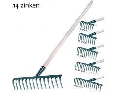 KADAX Rechen aus Metall, Flache Harke mit Stiel aus Holz, Laubbesen für Garten, Beet, Laubrechen, Rasenrechen, grün, Gartengerät, Heurechen, Gartenwerkzeug, Gartenharke (14 Zinken)