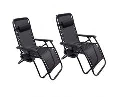 2 x Liegestuhl | Verstellbar Kopfpolster Schwerelosigkeit Oxford Stahl Fußschoner | Garten Liege Hochlehner Gartenstuhl Schwarz (Modell 2)