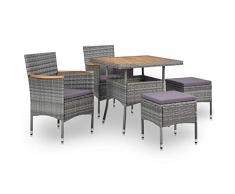 Festnight 5-TLG. Garten Essgruppe Ratten Sitzgruppe Gartengarnitur Sitzgarnitur 1 Tisch mit 2 Sessel und 2 Hocker Terrassenmöbel Gartenmöbel Gartenmöbelset Grau Poly Rattan Akazie Massivholz