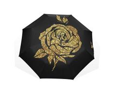 Netter Reiseschirm Goldgelb Lebendige Rosenblume 3-Fach Kunstschirme (außerhalb Druck Strandsonnenschirm Faltschirm Winddichter kompakter Regenschirm