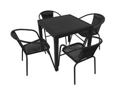 5tlg. Balkonmöbel Set Gartentisch Vollkunststoff Rattan-Optik 79x79cm + Poly Rattan Bistrostuhl Stapelstuhl Gartenstuhl Balkonstuhl Sitzgarnitur Sitzgruppe Gartenmöbel Gartengarnitur Terrassenmöbel
