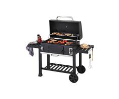BBQ Charcoal Grill, intelligenter zweischichtiger Rauchergrill mit Thermometer, professionell verdickter Gusseisen-Grill mit mobilem Rad