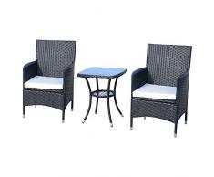Outsunny 3-TLG. Gartensitzgruppe mit Beistelltisch, Rattan Gartenset, Polyrattan, Schwarz, 60 x 58,5 x 89,5 cm