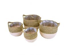 MACOSA 4-er Set Pflanz-Korb-Set, Seegraskörbe, Aufbewahrungskorb mit Griffen, Blumentopf mit Folie Pflanzgefäß mit Kunstsoff-Einsatz Deko-Korb Blumen-Übertopf Pflanzenkorb Flechtkorb