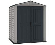 Duramax YardMate 5’ x 5’ PLUS Kunststoffgerätehaus, Feuerhemmendes PVC-Harz, Allwetter & Wartungsfreies Gerätehaus aus Kunststoff , Inklusive Kunststoffboden, Starke Struktur, Adobe & Grau