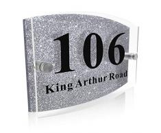 Modernes Hausnummernschild, personalisierbar, Glaseffekt, Acryl, Glitzer-Schild, silber