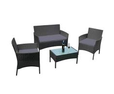 Aufun Balkon Möbel Set Rattan Lounge Set Anthrazit Polyrattan Gartengarnitur inkl. 1 Bank + 2 Stühle + 1 Tisch mit Glasplatte und 8 cm Rückenkissen, für Garten Über 4 Personen