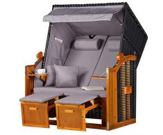 Mr. Deko Strandkorb Ostsee Volllieger Strandstuhl Gartenliege Liegestuhl PE Geflecht Schwarz inkl.4 Kissen - Strandkörbe aus Hartholz, Garten, Wintergarten, Terrasse (Dessin Uni grau)