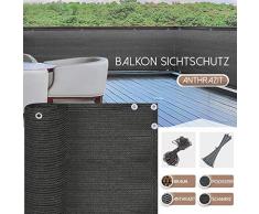 BeMax Balkon Sichtschutz Balkonverkleidung Kunststoff mit Ösen und Kordel 85% UV-beständig seitlich Blätter HDPE Anthrazit 90cm x 600cm für Balkon