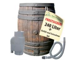 REGENTONNE EICHENFASS 240 Liter REGENFASS Wasserfass REGENWASSERTONNE Wassertonne - FROSTSICHERES Gartenfass für Regenwasser u.v.m. in Holz-Optik aus robustem PE-Kunststoff - MIT REGEN-FILTER-SET T33 zur AUTOMATIK-BEFÜLLUNG inkl. Deckel