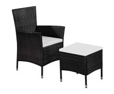 Festnight Garten-Essstuhl mit Hocker | Dining Sessel | Gartensessel | Gartenstühle | Garten Rattan Stuhl | Schwarz und Cremeweiß PE Rattan & Stahlrahmen