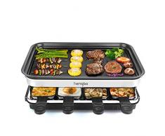 Raclette Grill für 8 Personen, 8 Mini Raclette Pfännchen zum Kochen von Käse und Beilagen & Ein Holzspatel Raclette, Flexibler Temperaturregelung,Große Quadratische Antihaft-Kochfläche - 1500W