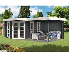 Alpholz 5-Eck Gartenhaus Lindau-40 mit Anbau aus Massiv-Holz | Gerätehaus mit 40 mm Wandstärke | Garten Holzhaus inklusive Montagematerial | Geräteschuppen Größe: 442 x 618 cm | Flachdach