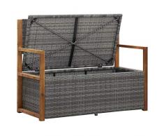 Festnight Bank mit Stauraum 110 cm Poly Rattan Massivholz Akazie Grau Sitzbank Gartenbank Gartentruhe Truhenbank Kissentruhe Kissenbox