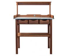 mgc24® Pflanztisch mit verzinkter Arbeitsplatte - 78x38x112cm aus Kiefernholz Dunkelbraun, mit Abstellboden / 3 Schubladen / 3 Haken und Oberleiste - für Garten Balkon Terrasse
