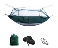 DecoKing Hängematte Outdoor 260x140 mit Moskitonetz Ultraleicht Schnelltrockend Hängesessel Hängesitz Hammock Belastbarkeit bis 200kg Tragetasche Karabiner Schlingen Nylon Grün Grau Stahl Anthrazit