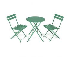 Vanage VG-6934 Bistro, Balkonmöbel Set 3 Teilig, klein und klappbar, wetterbeständig, wasserfest, Besteht aus 1 x runder Tisch und 2 x Stühlen, Metall, für Balkon, Garten, Terrasse, dunkelgrün