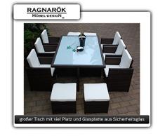 Gartenmöbel PolyRattan Essgruppe Tisch mit 6 Stühlen & 4 Hocker DEUTSCHE MARKE -- EIGNENE PRODUKTION Garten Möbel incl. Glas und Sitzkissen Ragnarök-Möbeldesign braun