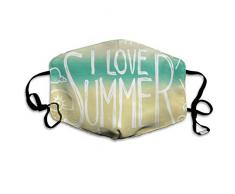 Winddichte Maske, ich Liebe Sommerphrase mit Sonnenmuschel und Seestern kritzeln auf unscharfem Hintergrund, gedruckte Gesichtsdekorationen für Erwachsene