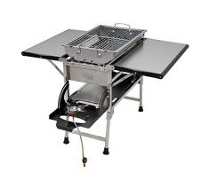 CampFeuer BBGo! Mobiler All-In-One Edelstahl Holzkohlegrill mit Gas-Seitenkochstelle I tragbarer Grilltisch inkl. Brenner I Multifunktionstisch mit Grill für Camping, Picknick und Festival