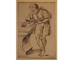 Bärtiger Mann neben einem Steintisch stehend und in einem Blatt lesen. Lithographie nach Baccio Bandinelli.