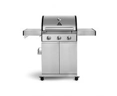 Burnhard 3-Brenner Gasgrill Fred, Edelstahl Grillwagen mit Seitentisch, Gusseisen-Grillrost, Deckel-Thermometer, Piezozündung inkl. Abdeckhaube