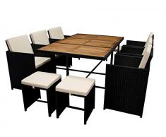 DEGAMO Gartengarnitur Ancona 11-teilig mit 10 Sitzplätzen, Polyrattan schwarz, Tisch 170x110cm mit Akazienholz Tischplatte