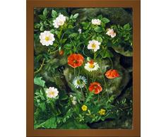 Bild mit Bilder-Rahmen: Augusta Laessoe Wildrosen, Mohnblumen und Gänseblümchen an einer Steinbank - dekorativer Kunstdruck, hochwertig gerahmt, 50x60 cm, Kupfer gebürstet