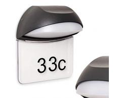 LED Außenwandleuchte Tanguro, Hausnummernleuchte aus Metall in Schwarz, Gartenbeleuchtung inkl. 0-9 / A-G Buchstaben, 5 Watt, 550 Lumen, 3000 Kelvin (warmweiß), moderne Wandleuchte m. Lichtkegel, IP54