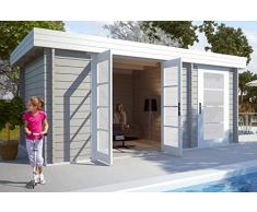 CARLSSON Alpholz Gartenhaus Modern-E aus Massiv-Holz | Gerätehaus mit 28 mm Wandstärke | Garten Holzhaus inklusive Montagematerial | Geräteschuppen Größe: 470 x 320 cm | Flachdach