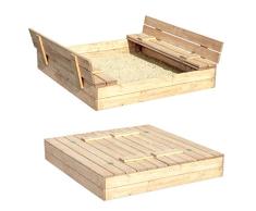 Sandkasten Sandbox Sandkiste mit Klappdeckel Sitzbänken 120x120x20 Kiefernholz mit Anti-Unkraut Bodenplane Deckel und Bank Buddelkasten Quadratisch Gartenspiel Natur Nicht lackiert