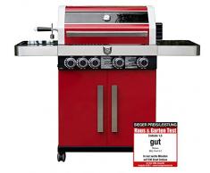 MAXXUS Gasgrill BBQ Chief 9.0 - Grillwagen in attraktivem roten Design - 4 Edelstahl-Brenner, Seitenbrenner, Gusseisen Grillrost und Grillspieß mit Motor