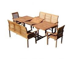 ASS Teak Set: Gartengarnitur SABA Ausziehtisch 150-210 cm x 90 cm + 2 Alpen Sessel + 2 Bänke 150cm Serie JAV